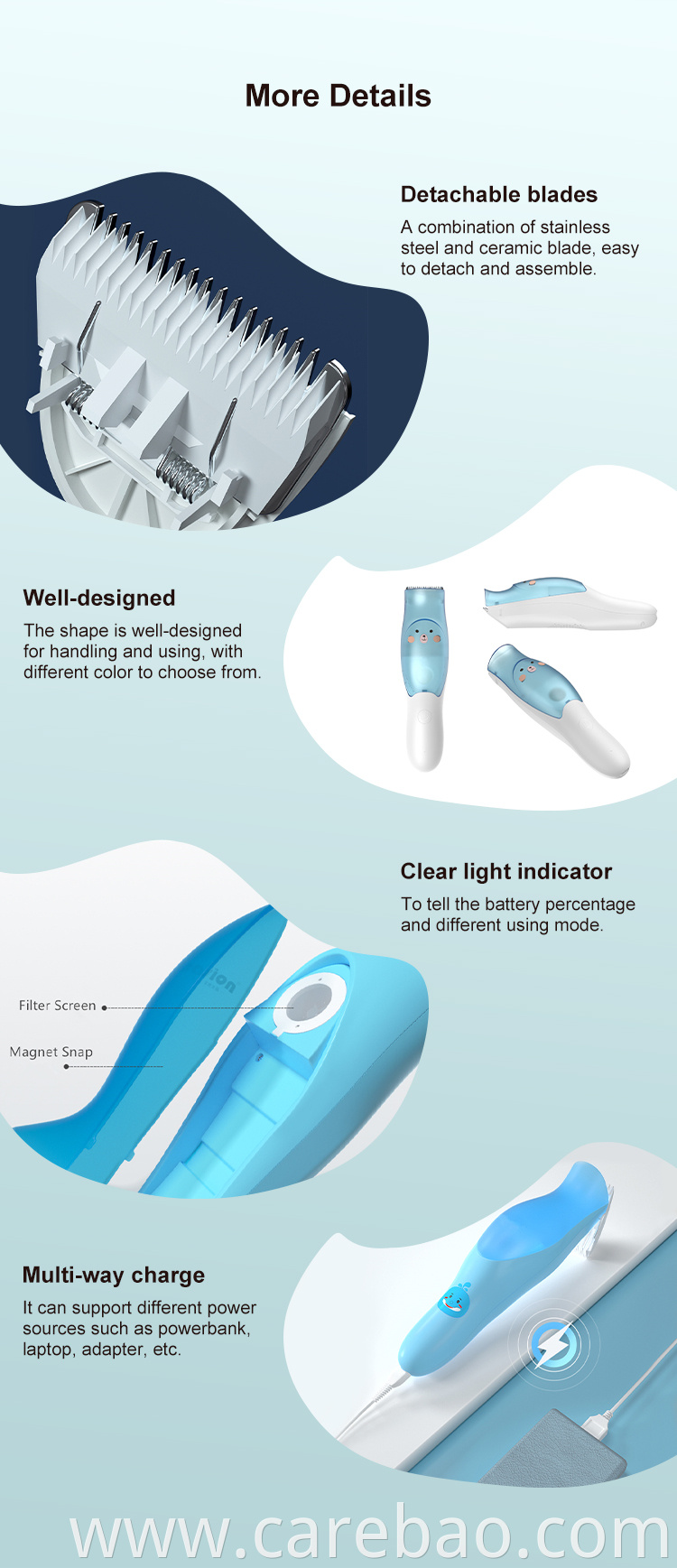 Factory Price Waterproof Washable Electric Baby Vacuum Hair Clipper For Kids With Safety R-shaped Detachable Ceramic Blades